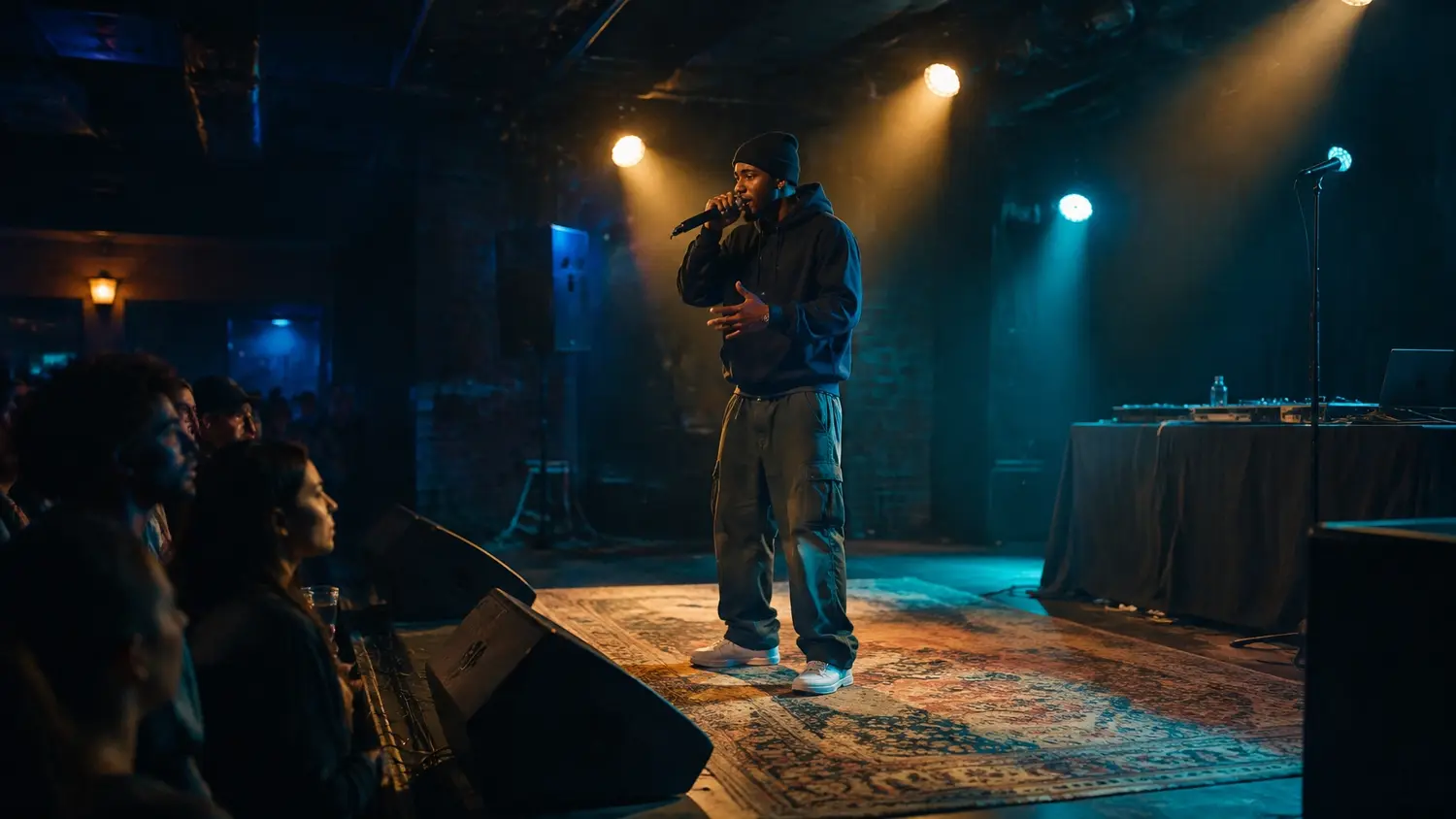 Rapper performing on a small club stage with the audience and lighting visible
