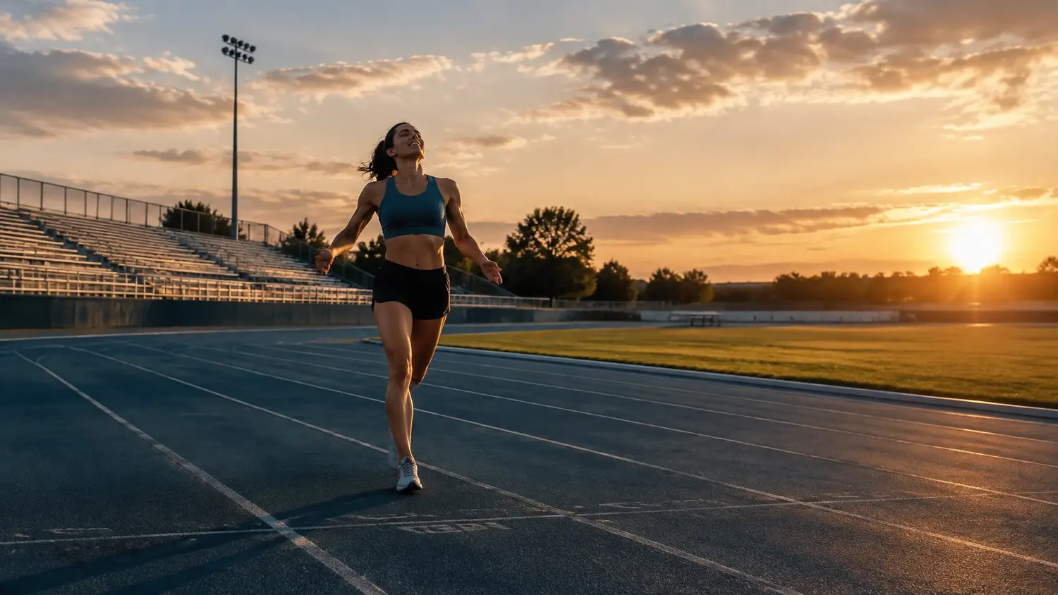 Athlete walking on a track at sunset with the full stadium and field visible