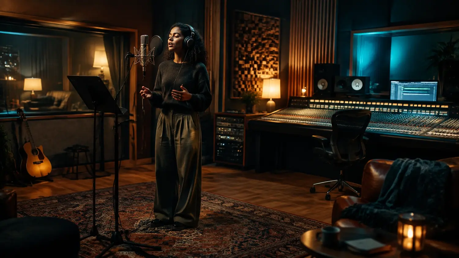Recording artist singing into a microphone in a professional studio beside a mixing console