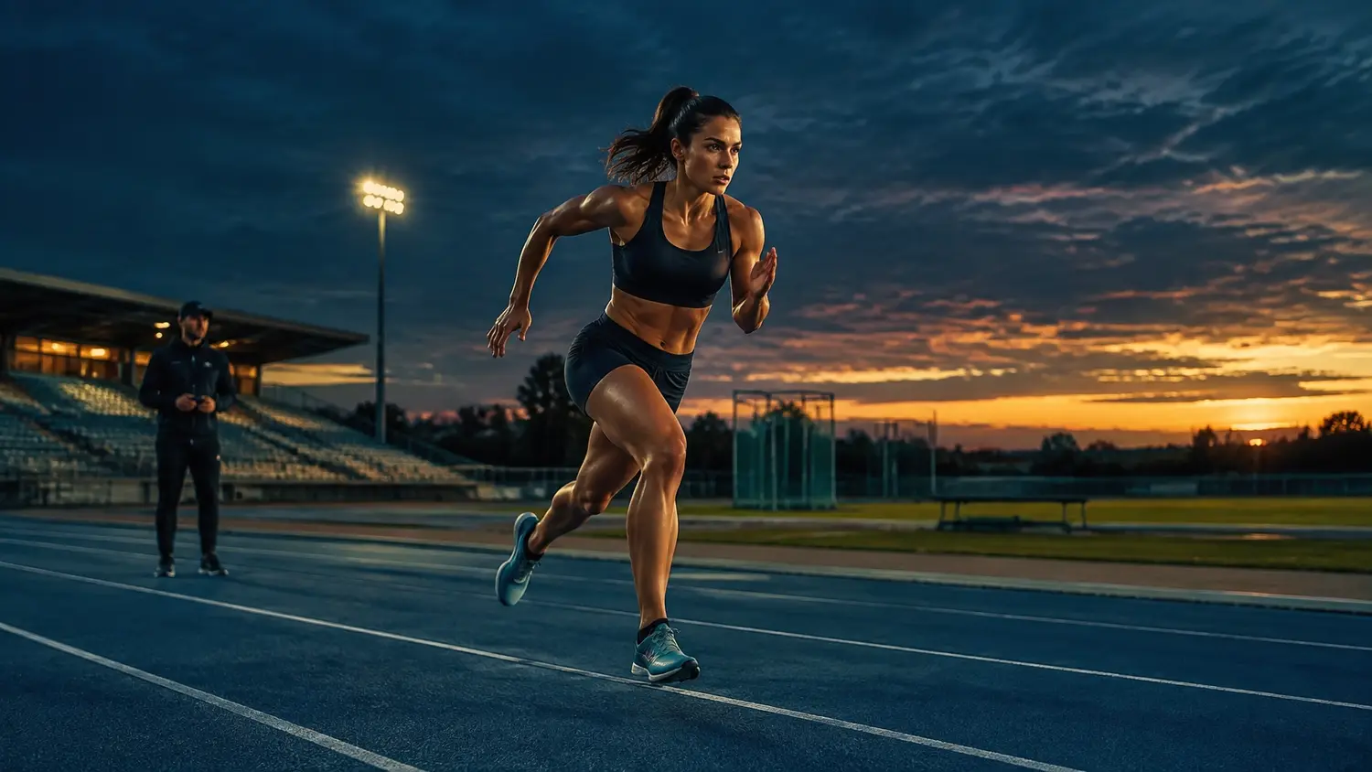 Athlete sprinting on a stadium track at sunset with a coach and stands visible in the background