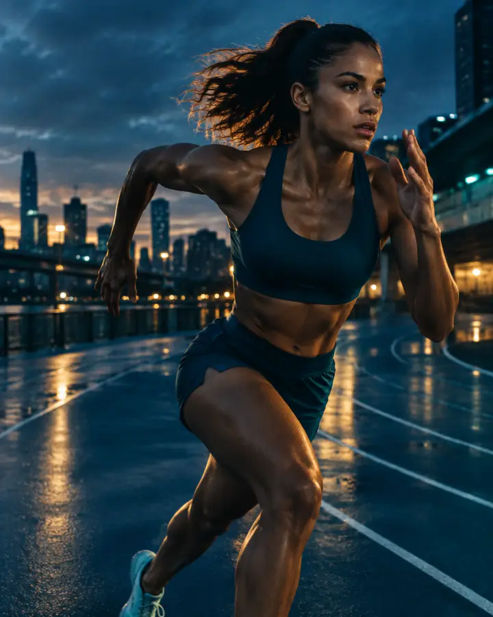 Athlete running on an urban track at blue hour
