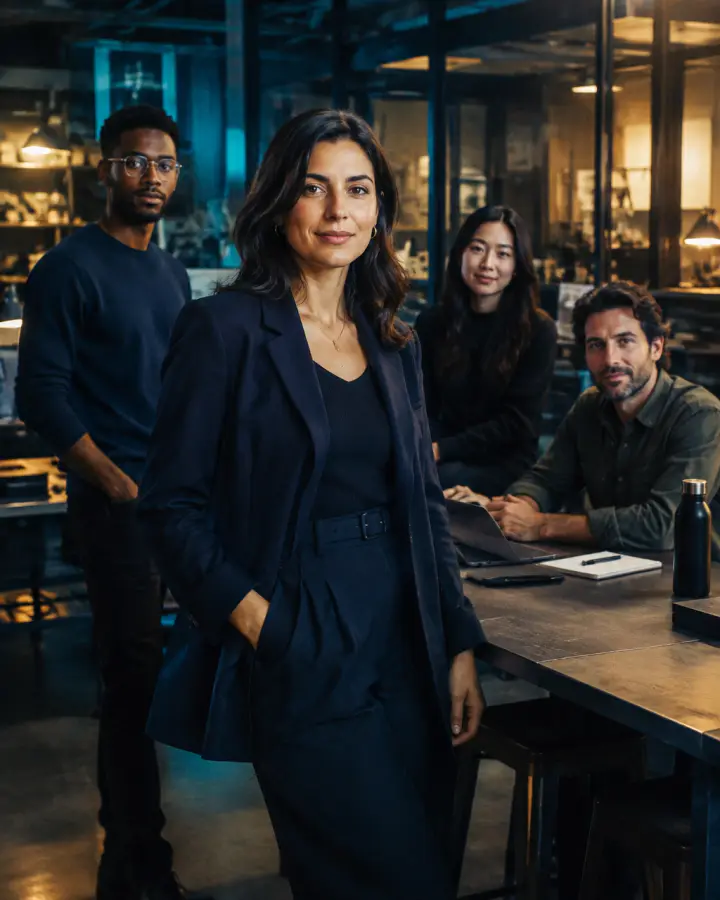Company team gathered in a modern operations studio