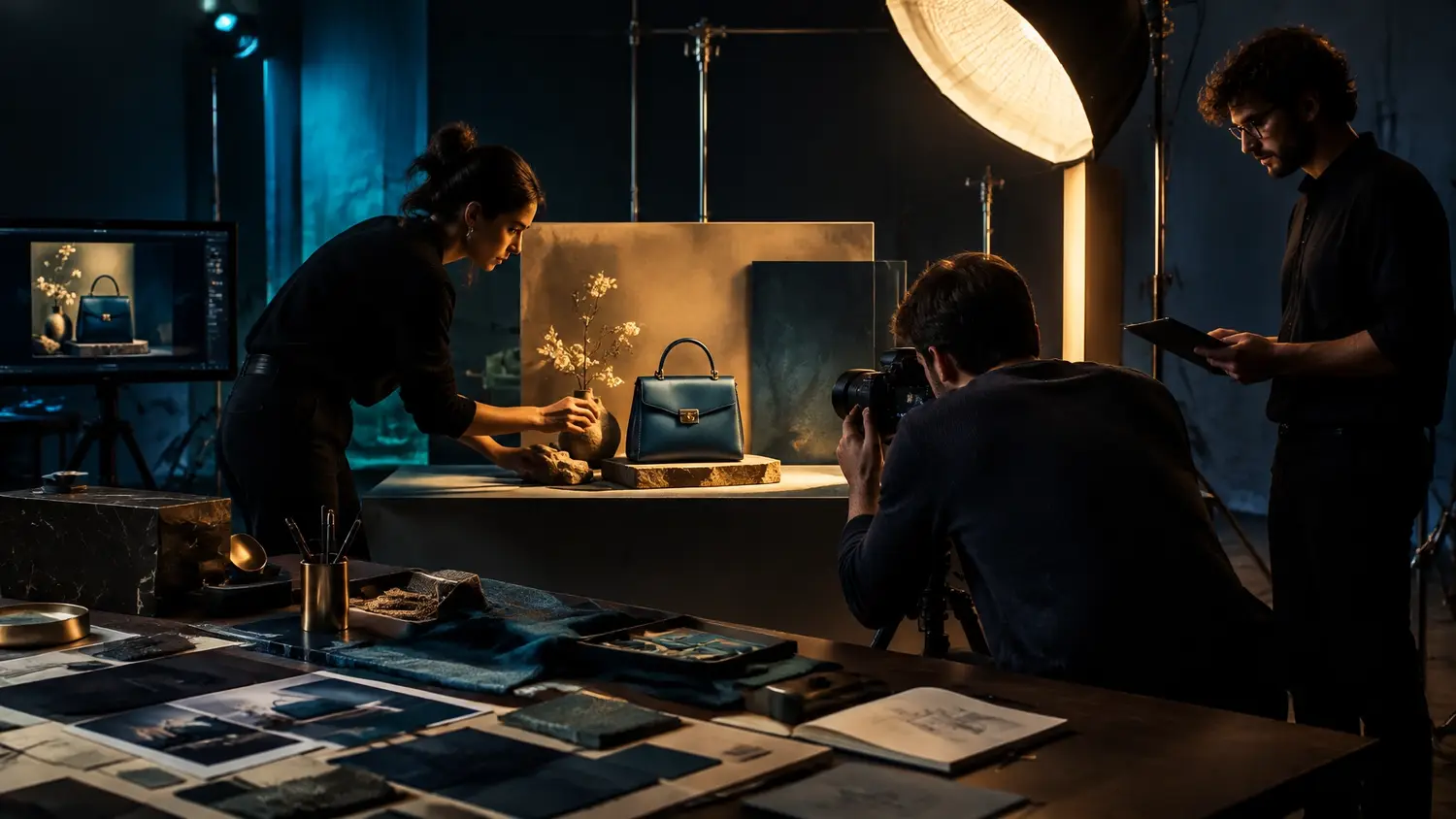 Creative team styling a handbag product on a lit campaign set with photography equipment visible