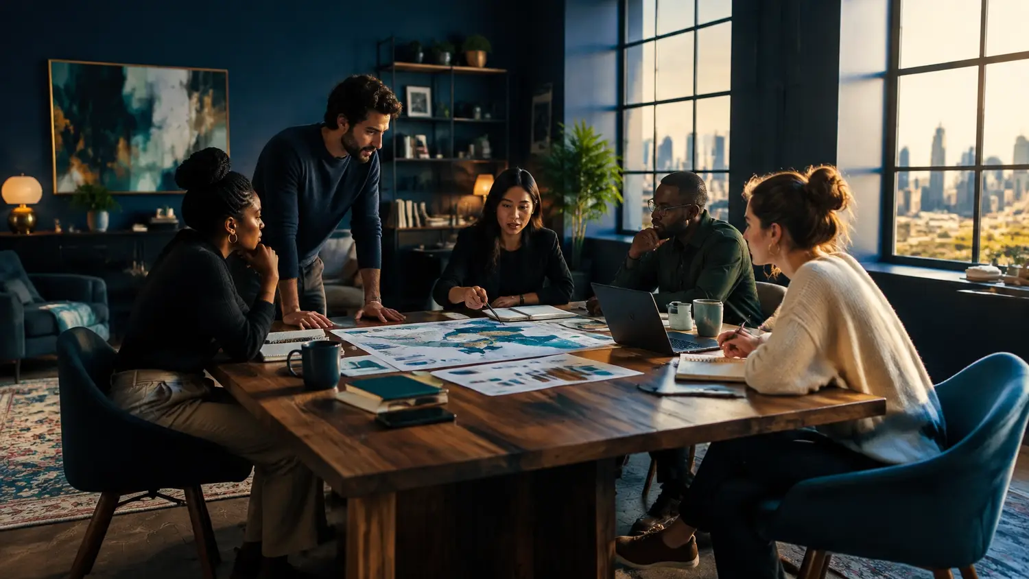 Company leadership team collaborating around a table with market maps and a city view in the background