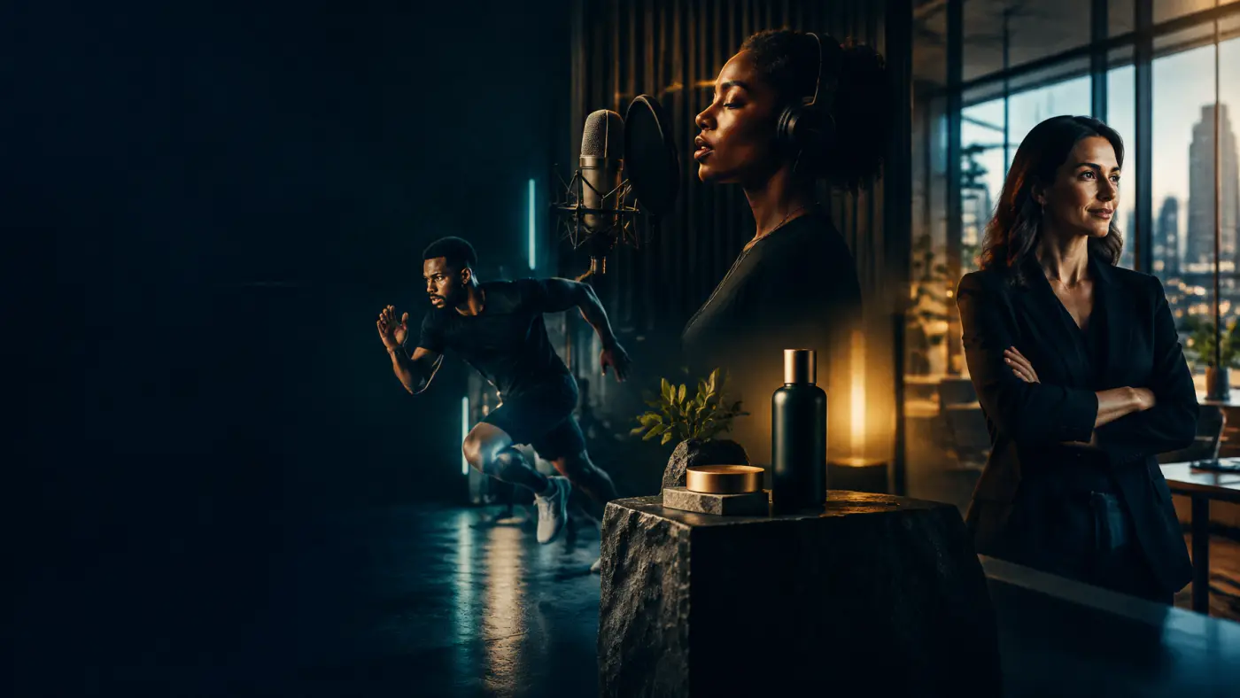 Recording artist, athlete, brand product, and company leader in a dark editorial studio