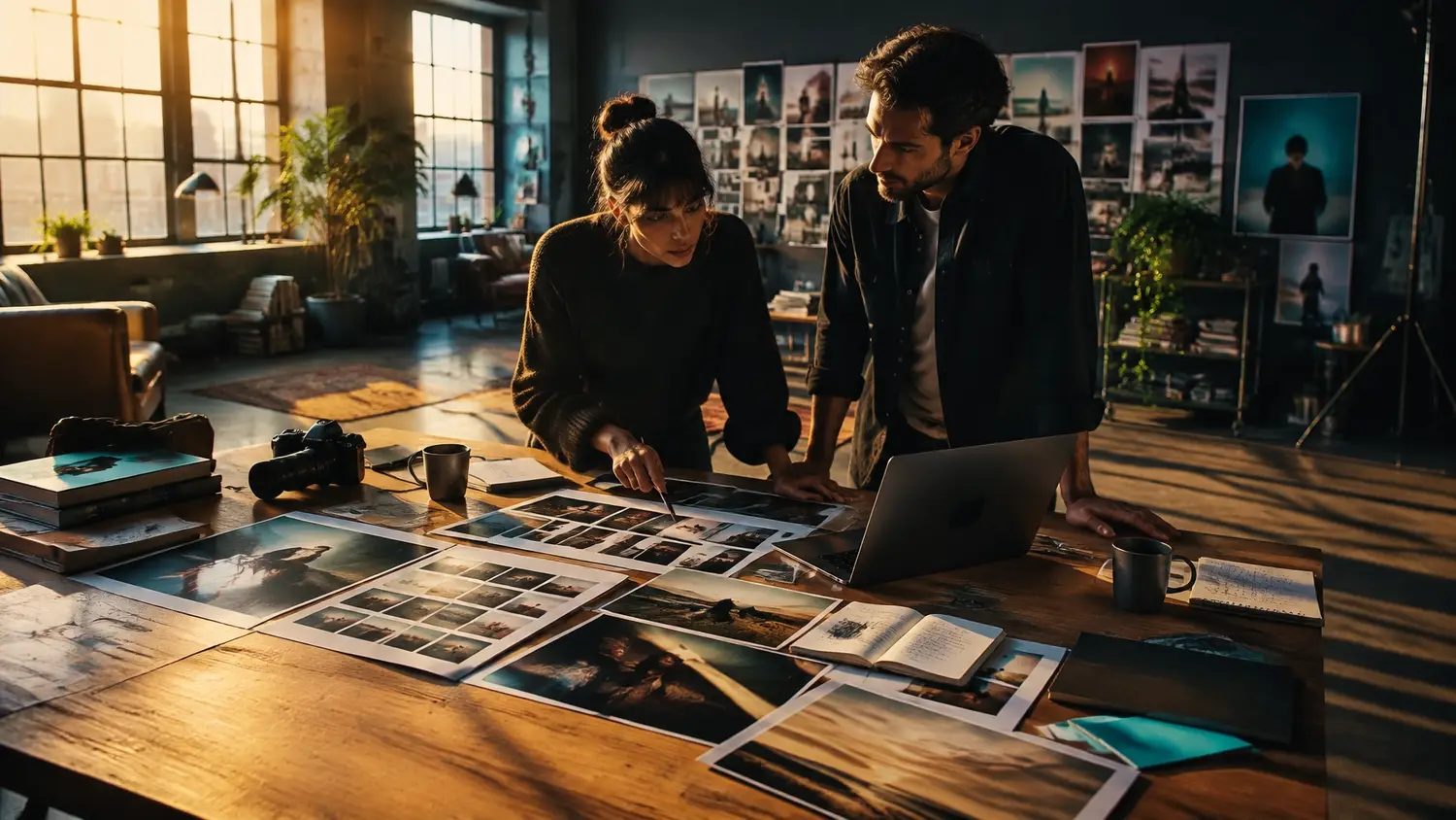 Creative team styling a product on a lit campaign set with photography equipment visible